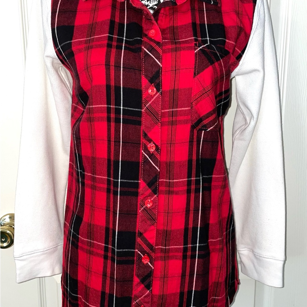 Women’s Small Red and Black Plaid Button-Up Shirt with White Knit Sleeves